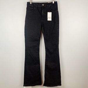 NWT Zara Women’s Black Pant Flare Fit Hi Waisted Stretch Full Length Denim Jeans